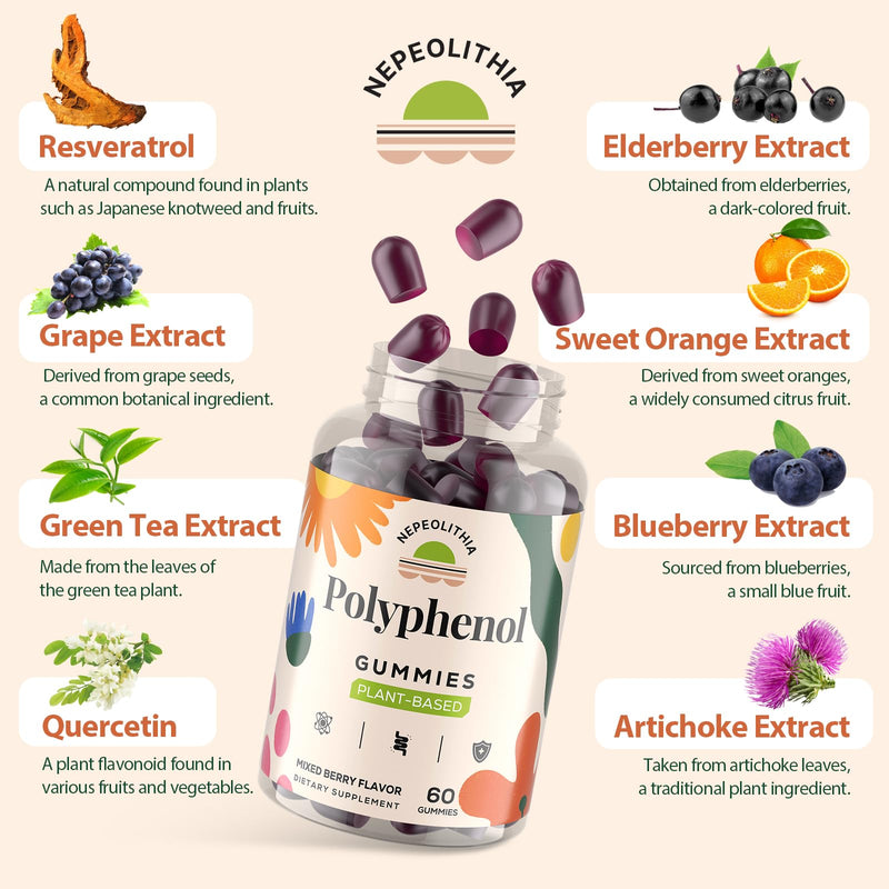 Polyphenol Gummies, Plant-Based Formula with Resveratrol, Elderberry, Grape, Turmeric,Green Tea, Cranberry Extract, Vitamins & Minerals, Superfood Blend, Mixed Berry Flavor, 120 Gummies 60 Count (Pack of 2)