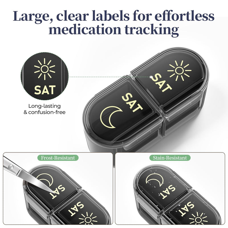 Betife AM PM Pill Organizer 7 Day, Weekly Pill Organizer Box 2 Times a Day | Portable Travel Pill Organizer, Cute, Easy Open, Airtight, Fashion, Dust-Proof, Reusable, Sturdy for Medication, Vitamin Black