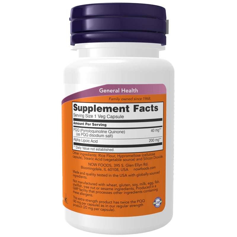 NOW Supplements, PQQ 40 mg with 200 mg Alpha Lipoic Acid, Extra Strength, 50 Veg Capsules