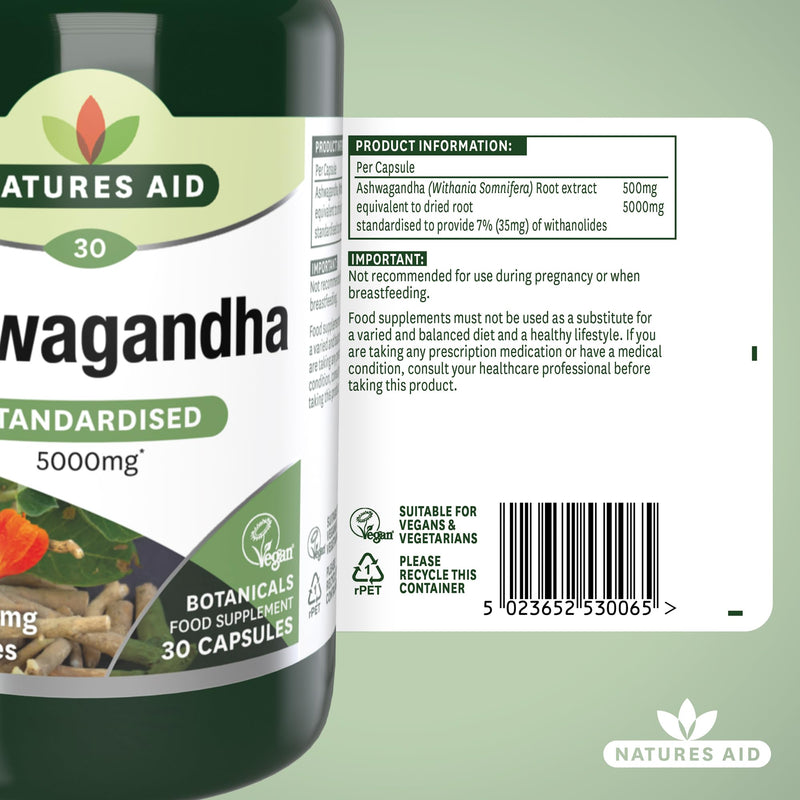 Natures Aid Ashwagandha 5000mg - 30 Tablet Capsules - Natural Pure High Strength Ashwagandha Root Extract Supplement - Vegan Gluten Lactose Free - Not Ashwagandha Gummies or Powder - 1 Months Supply