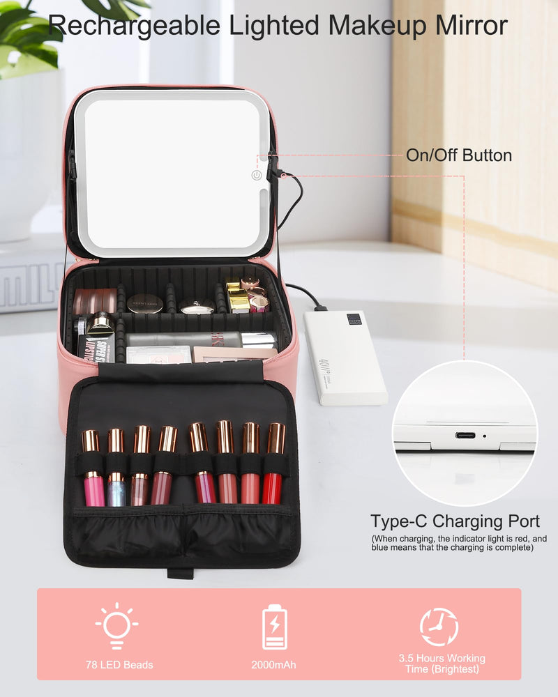 Chomeiu Makeup Bag with LED Mirror, 2 Layer Travel Makeup Case for Women | USB-C Detachable Mirror, Adjustable Dividers, Removable Brush Holder, High Quality PU Leather, Easy-to-clean, Double Zipper A-Small 05-Pink 2 Layer
