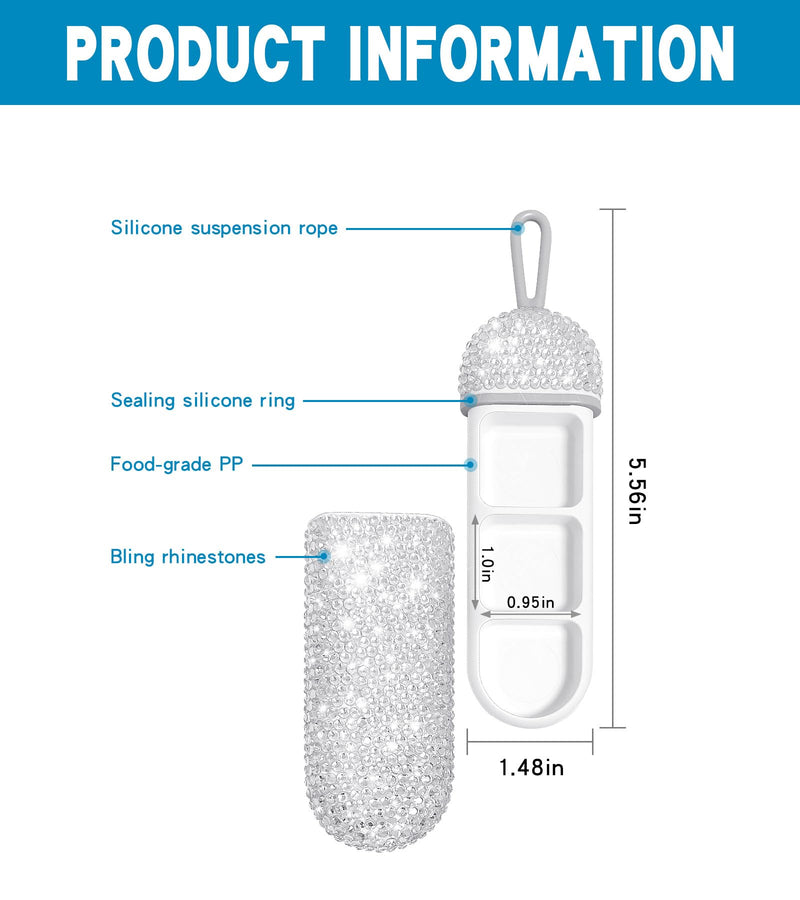 Bling Travel Pill Organizer Crystal Rhinestone 3 Compartments Portable Pill Case Daily Pill Box to Hold Vitamins Small Pill Container for Pocket Purse Medicine Organizer(White)