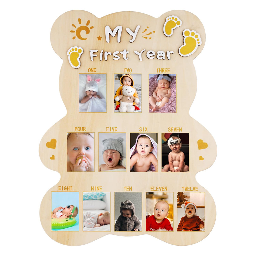 My First Year Picture Frame, Cut Bear Shape Baby Photo Frame Wood Board Personalized 12 Months Baby Photo Display 1st Birthday Memories Gift for Boy Girl Nursery Decoration