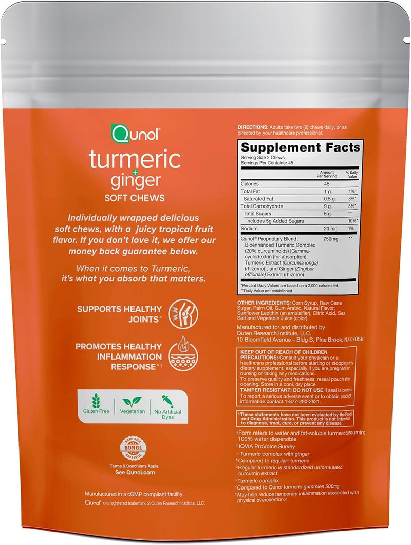 [Australia] - Qunol Turmeric and Ginger Soft Chews, 750mg Turmeric Supplement, Ultra High Absorption to Support Joint Health, 90 Count 90 Count (Pack of 1) 