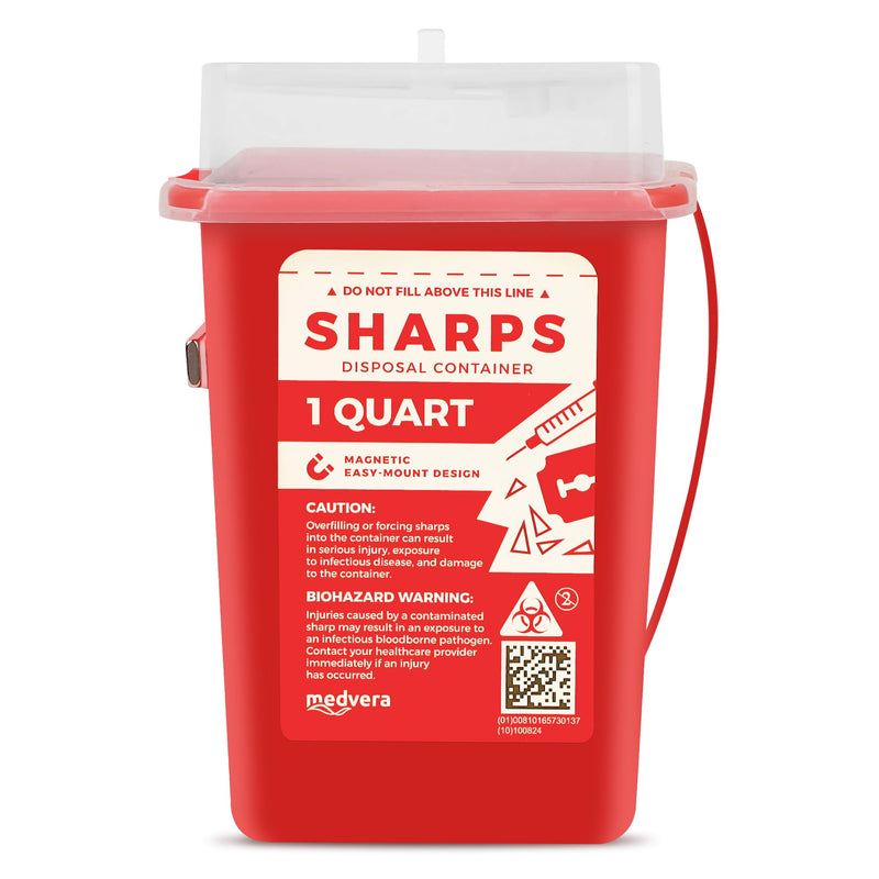 [Australia] - Disposable Sharps Container with Magnet for Easy Mounting, Leak-Proof, Portable, Wall-Mountable, Self Fasteners, 1 Quart for Needles and Syringes, Safe Medical Supplies, Travel Size Biohazard 1PK (1 Quarts) 