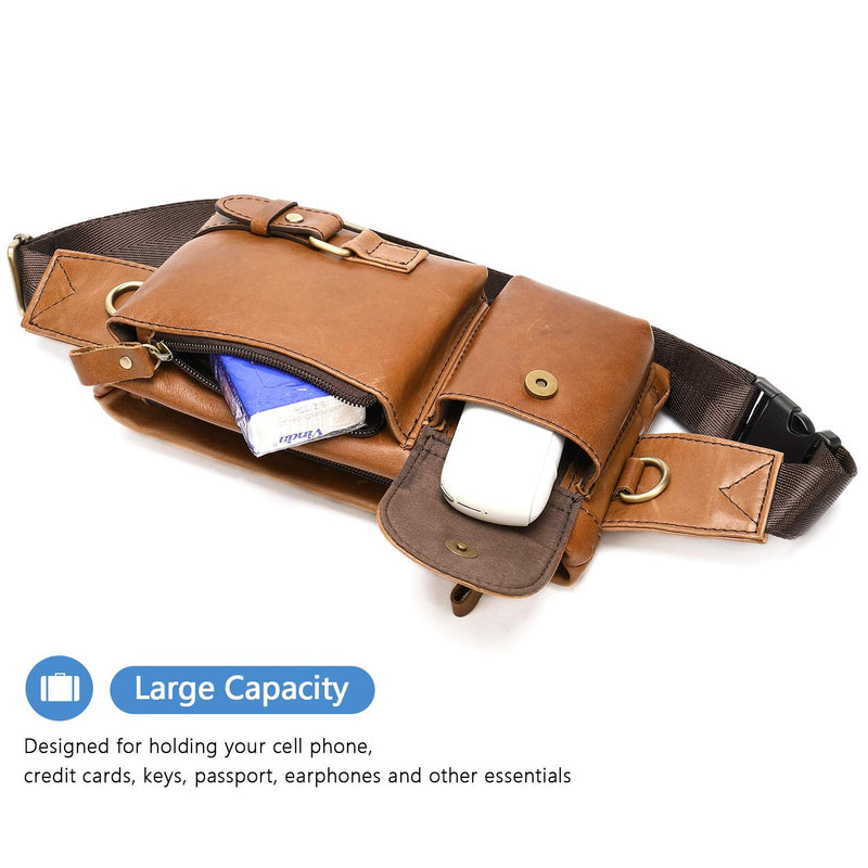 Genuine Leather Fanny Pack for Men Women Small Waist Purse Travel | Brown Sling Cross Body Waist Bag, Lightweight Belt Bag for Walking Hiking, Adjustable Strap, Mulit-pockets