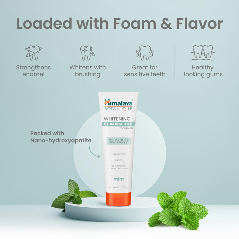 Himalaya Botanique Whitening+ Hydroxyapatite Toothpaste, Mint, 4 oz, Pack 4 | Nano Hydroxyapatite Toothpaste, Support Enamel Strength & Integrity,Great for Sensitive Teeth, Fluoride Free,SLS Free & Vegan 4 Ounce (Pack of 4) Adult Mint