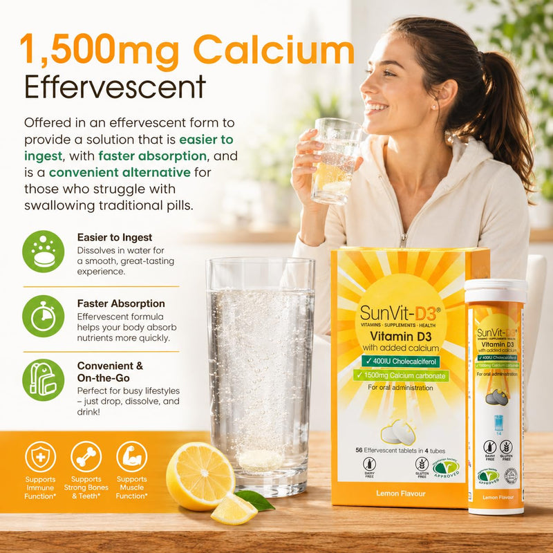 Sunvit-D3 Dissolvable Effervescent Lemon Calcium Fizzy Tablets 600mg, with Vitamin D3 400IU Daily Support for Strong Bones & Immune Health, Effervescent Calcium and Vitamin D Tablets 14 X 4 Tubes