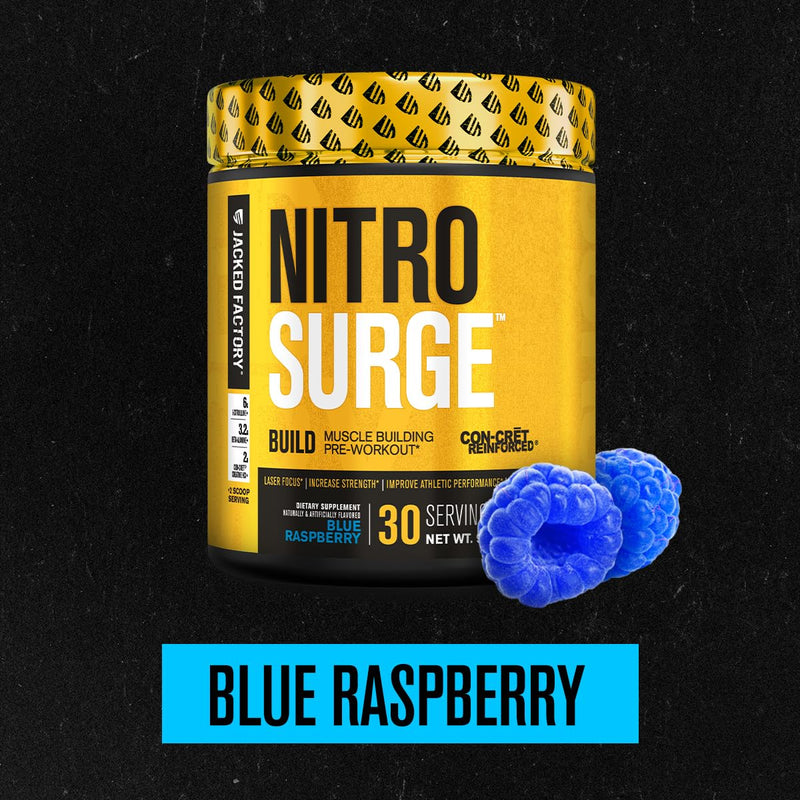 [Australia] - Jacked Factory Nitrosurge Build Pre Workout with Creatine for Muscle Building - Con Cret Creatine Powder & elevATP for Intense Energy, Powerful Pump, & Endless Endurance - 30 Servings, Blue Raspberry 30 Servings (Pack of 1) 