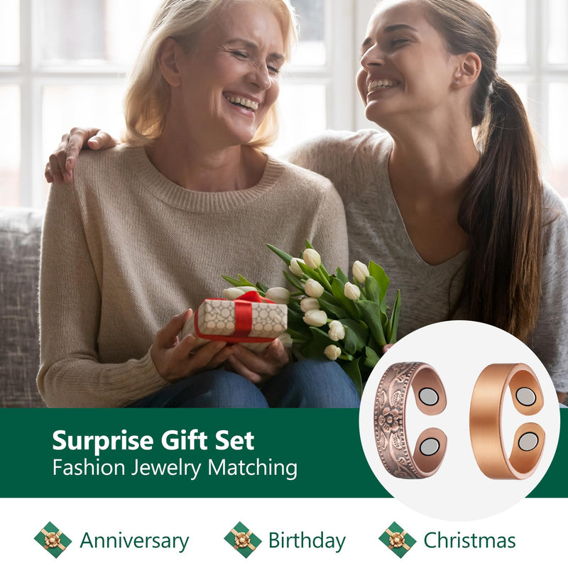 [Australia] - 2PCS Copper Rings for Women Men,Magnetic Therapy Copper Ring,Adjustable Jewelry Gift with Ring Box(Vintage Flower|Uncoated Sleek) 
