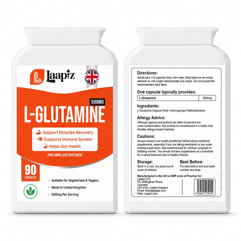 L Glutamin 500mg 90 Capsules | Glutamin Amino Acid Supplement | L-Glutamine 90 Vegan Capsules | UK Made GMP Certified | Daily Amino Acid Capsules | Laapiz