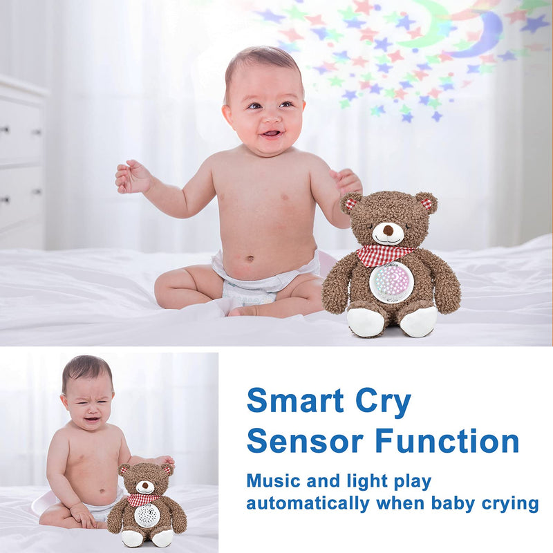 [Australia] - Baby Sleep Soother, White Noise Rechargeable Baby Projector Night Light, Portable Sound Machine with 18 Soothing Sounds, Plush Toy Gifts Bear for Infants with Cry Sensor 