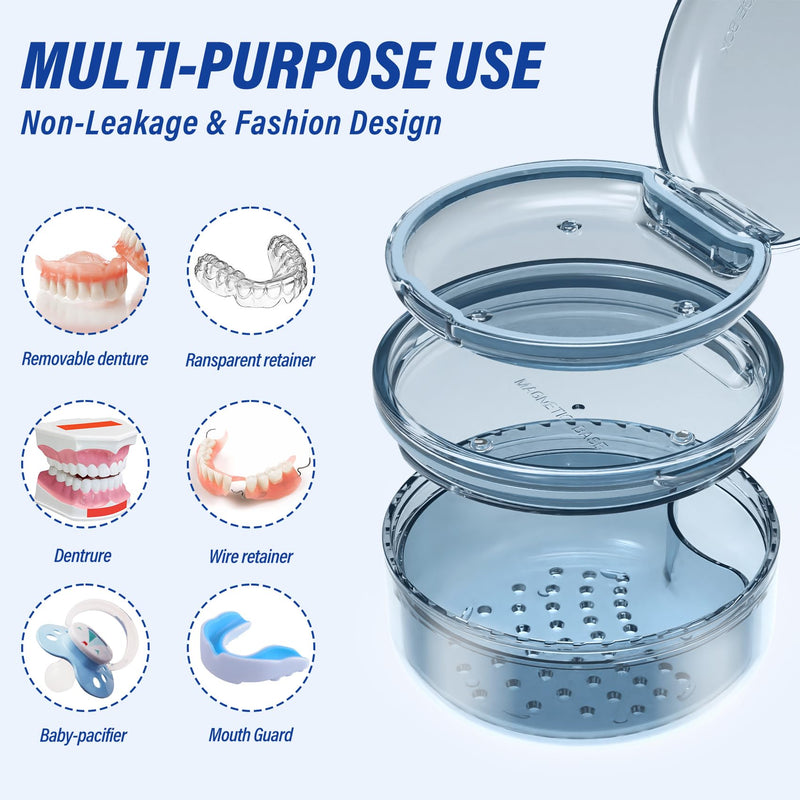 [Australia] - Denture Case Retainer Cleaning Case: 2 in 1 Retainer Case, No-Leak Denture Bath Box Cup, Complete Clean Care for Dentures, Clear Braces, Mouth Guard, Night Guard & Retainers Blue 