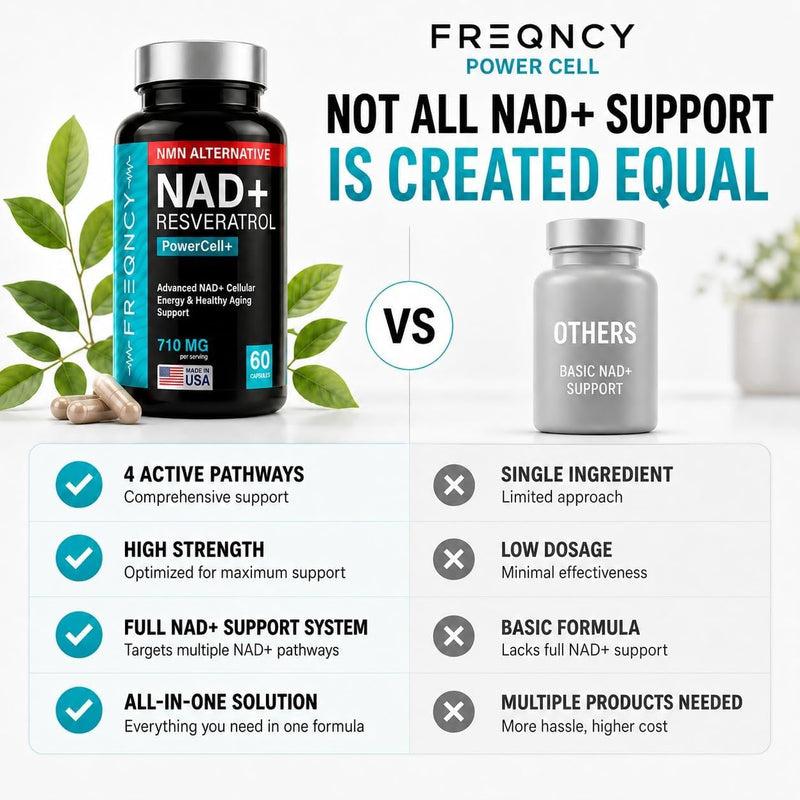 FREQNCY NAD+ Resveratrol Supplement, 500mg Pure Nicotinamide Riboside (NR), Advanced 4-in-1 NAD Formula for Anti-Aging & Cellular Energy | NAD, NADH & NMN Alternative | 60 Capsules | For Men and Women
