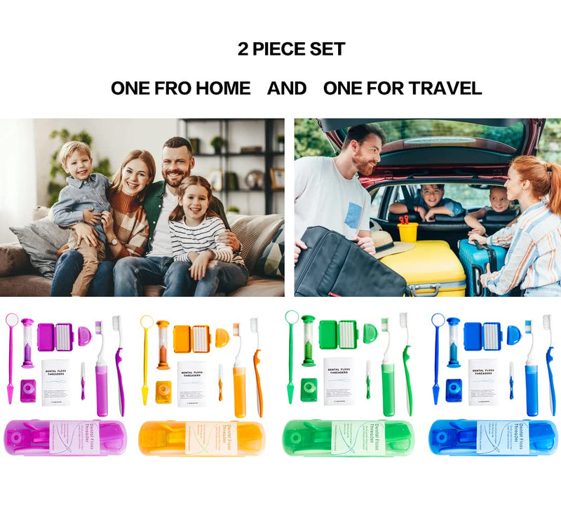 Wenge Portable Orthodontic Oral Care Kit - 2Pack - Travel Kit for Patients, Interdental Brushing Wax Floss Toothbrush Cleaning(Purple & Blue) Purple_Blue