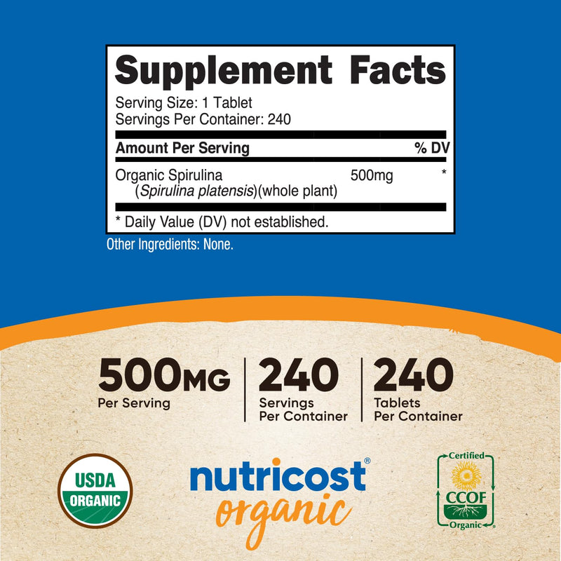 Nutricost Organic Spirulina 500mg, 240 Tablets - Gluten Free, Non-GMO