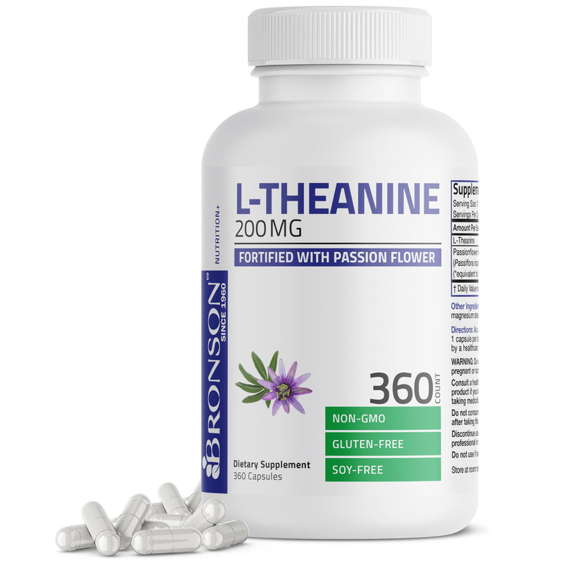Bronson L-Theanine 200 mg with Passion Flower, Stress Support, 360 Capsules | Promotes Relaxation Without Drowsiness, Supports Healthy Mood, Non-GMO, Gluten-Free & Soy-Free 360 Count (Pack of 1)