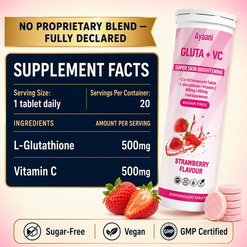 Glow Strawberry — Glutathione 500mg + Vitamin C 500mg | Beauty Drink for Skin Glow | Even Tone | Radiance | Zero Sugar and No Fillers | Effervescent Tablets | 20 Count