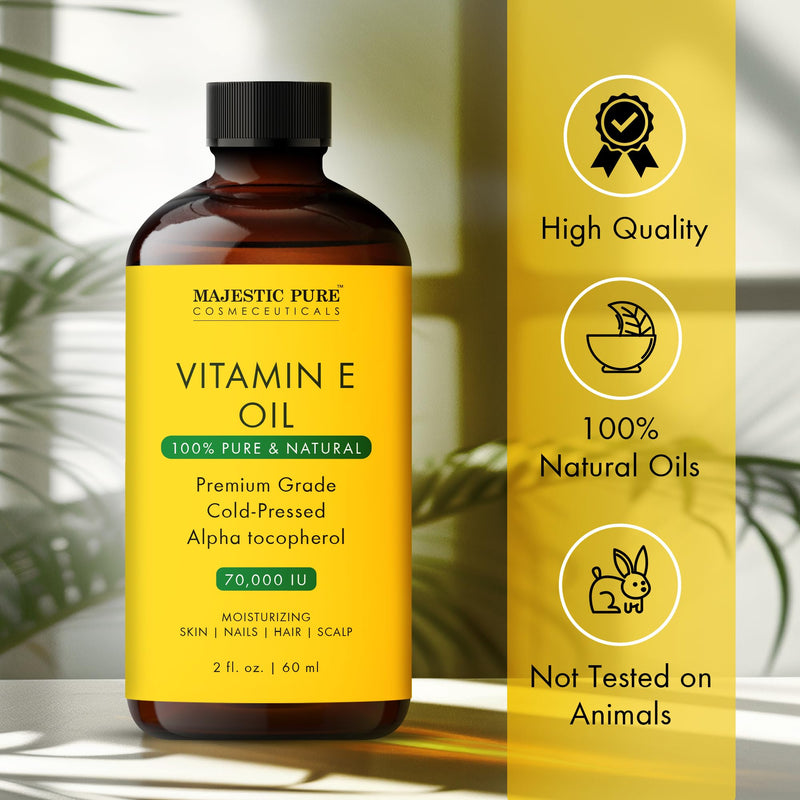 Majestic Pure Vitamin E Oil 100% Pure & Natural Body Oil - 2 Fl Oz | Ideal for Skin, Nails, Face Oil, Hair Oil - 70,000 IU- Cold Pressed Hexane Free Non-GMO Gluten Free Formula 2 Fl Oz (Pack of 1)
