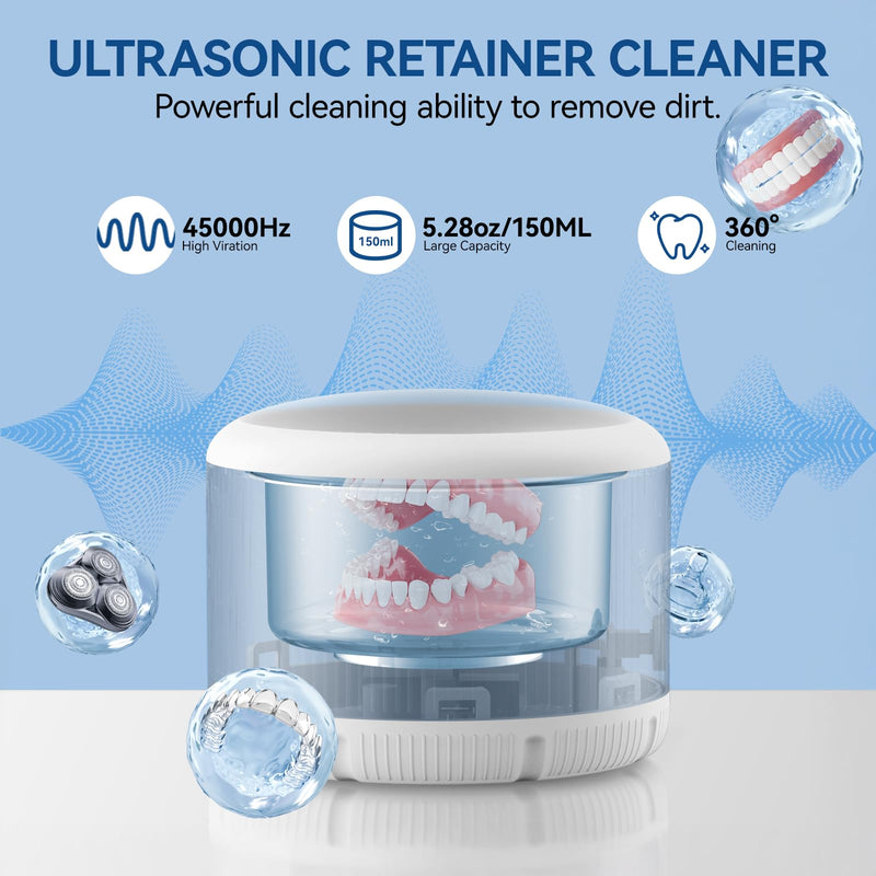 [Australia] - Retainer Cleaner Machine - Ultrasonic Retainer Cleaner, Dental Cleaning Pod for Braces, Dentures, Pacifiers, Mouth Guards, Jewelry & Toothbrush Heads, 150ml Portable Cleaning Machine 