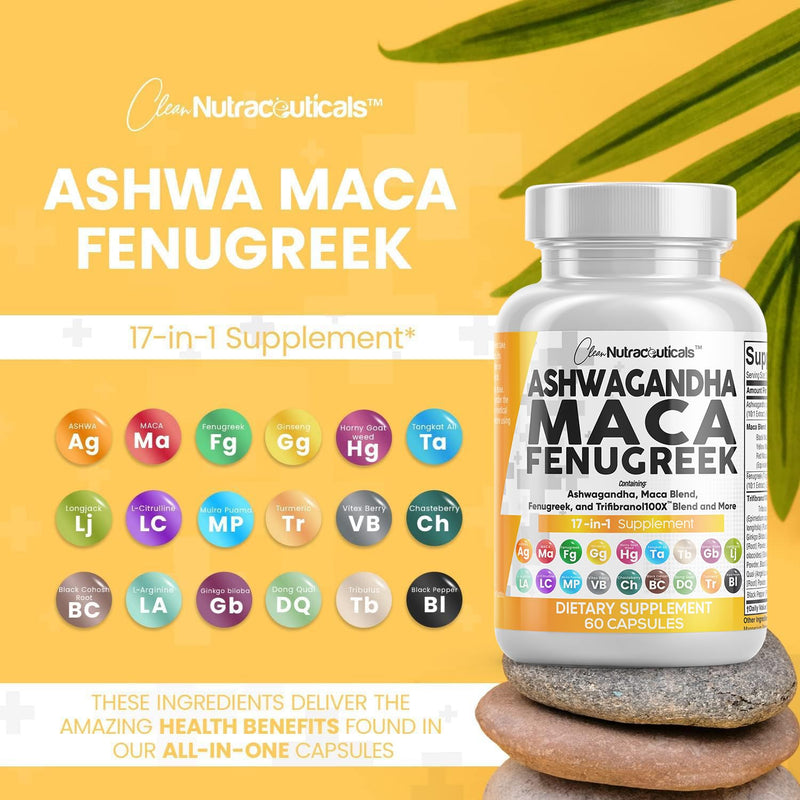 [Australia] - Ashwagandha 5000mg Maca Root 2000mg Fenugreek 3000mg Supplement with Tongkat Ali Ginseng - Assists with Stress, Mood & Thyroid Health - Ashwagandha Capsules Maca Pills Fenugreek Caps - 60 Count 