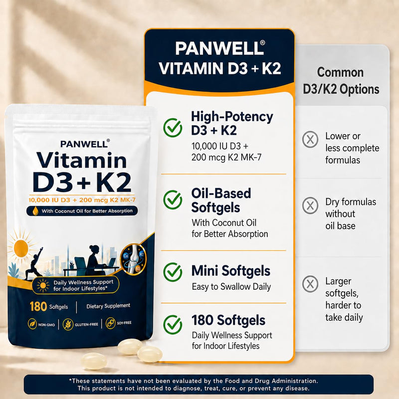 PANWELL Vitamin D3 K2 10000 IU Supplement, K2 MK-7 200 mcg, 180 Softgels | With Coconut Oil; 6-Month Daily Supply; Non-GMO, Gluten Free, Soy Free; Vitamin D3 K2 Formula