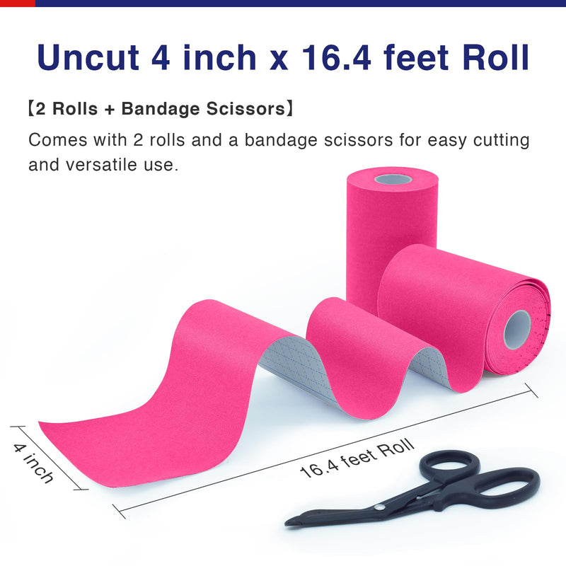 GALLOP Kinesiology Tape 4-Inch Wide – 2 Rolls (16.4ft Each) + Scissors – Waterproof, Latex-Free Athletic Muscle Support Tape for Workout & Sports Pink（2 Roll + Bandage Scissors）