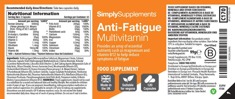 Anti-Fatigue Support Supplement | Reduces Tiredness & Fatigue | with Vitamins & Minerals for Energy | Vegan & Vegetarian-Friendly | 120 Capsules = 2 Months’ Supply | Made in The UK Unflavoured 120 count (Pack of 1)