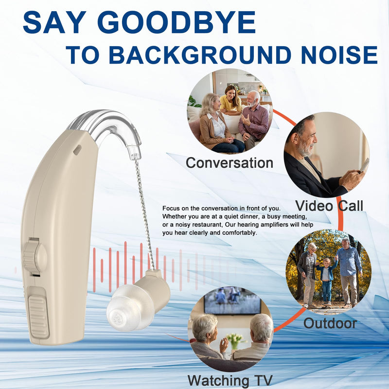 Rechargeable Hearing Amplifier for Adults with Smart Noise Reduction, BTE Hearing Amplifier for Seniors with Natural Sound, Charging Box Indicating Remaining Power(Brown)