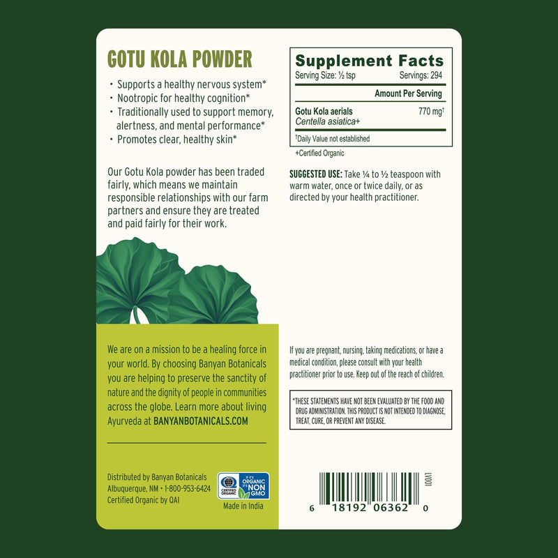 [Australia] - Banyan Botanicals Gotu Kola Powder ‚Äì Organic Brahmi (Centella Asiatica) ‚Äì Calming Nootropic Herb for Nervous System Support & Healthy Skin* ‚Äì ¬Ω lb. ‚Äì Non-GMO Sustainably Sourced Vegan 8 Ounce (Pack of 1) 