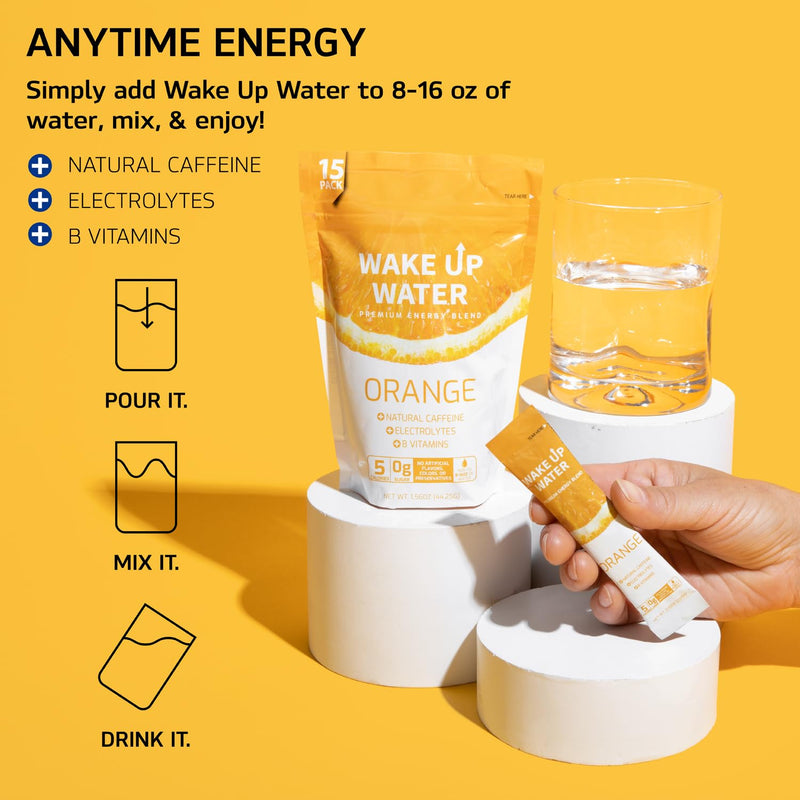 [Australia] - Wake Up Water - Energy + Hydration Packets (15 Pack), Orange Flavor - Electrolytes Powder Drink Mix w/Natural Caffeine, Electrolytes, B Vitamins - 5 Calories, Sugar Free, Gluten Free - .10 oz (2.9g) 