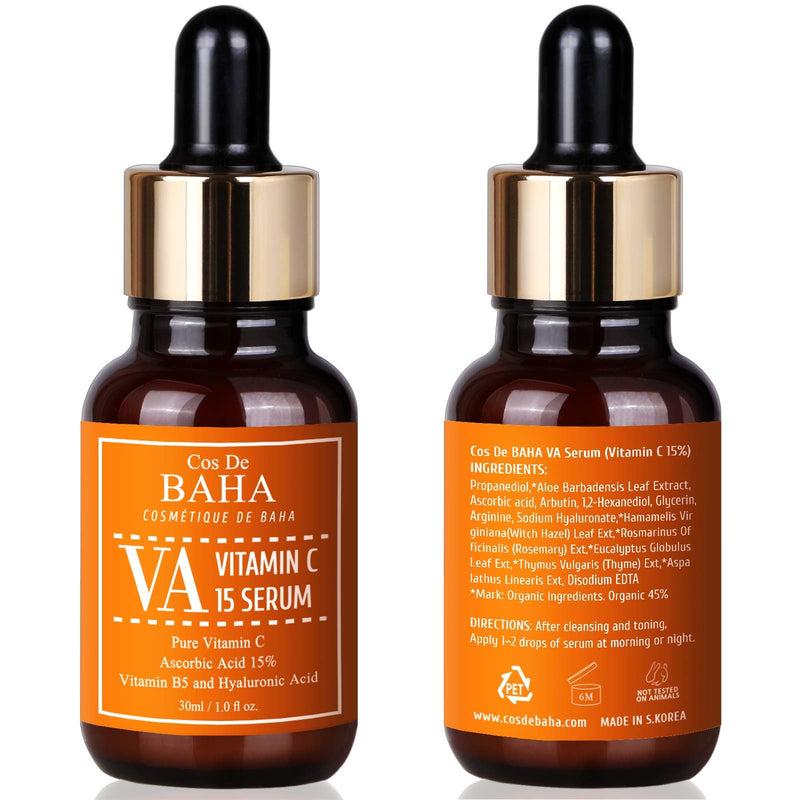 Cos De BAHA Vitamin C(Ascorbic Acid) 15% Serum 1 Fl Oz – Korean Skin Care for Dull & Uneven-Looking Skin, Brightening Face Serum with Ascorbic Acid, 30ml