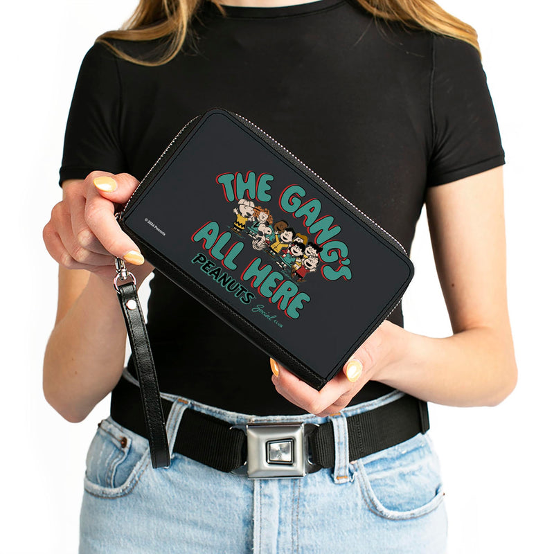 Buckle-Down Peanuts Vegan Leather Zip Around Wallet | Peanuts Gang 75th the Gangs All Here Group Pose Black Blue Billfold Credit Card and ID Slots