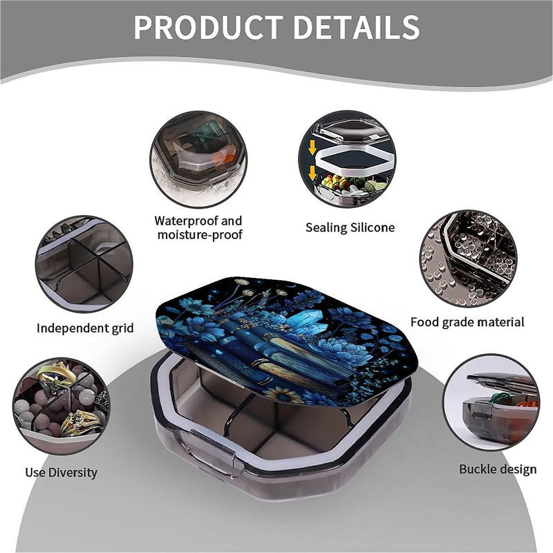 4 Compartment Books Blue Crystal Flowers Travel Pill Organizer, Watertight Portable Daily Pill Box for Vitamins, Fish Oil, Medicine & Small Items - BPA-Free Food Grade Material 4 Compartment