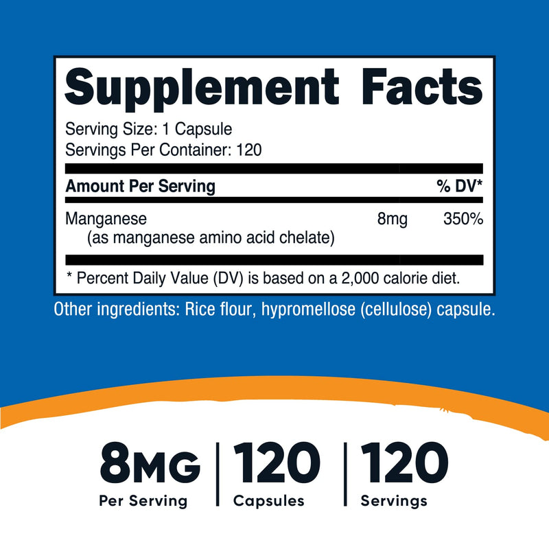 [Australia] - Nutricost Chelated Manganese Supplement 8mg, Amino Acid Chelate, 120 Capsules, 120 Servings - Gluten Free, Non-GMO and Vegetarian Friendly 