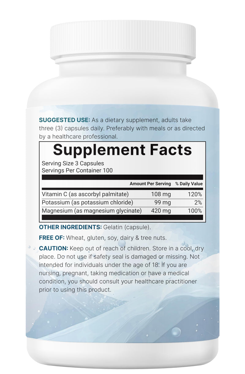 [Australia] - Pure Potassium Supplement with Magnesium Glycinate, 300 Capsules | Enhanced with Fat-Soluble Vitamin C | Chloride + Glycinate Mineral Electrolyte Complex | Only Active Ingredients | Filler Free 