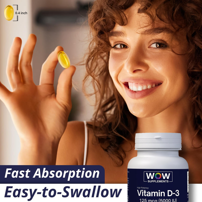 WOW Supplements Vitamin D3 5000 IU Softgels, 125 mcg - Vitamin D3 5000IU Supplement for Strong Bones and Immune Support - Non-GMO, Gluten Free Vitamin D 125 mcg - VIT D3 5000 IU Softgels - 120 Count