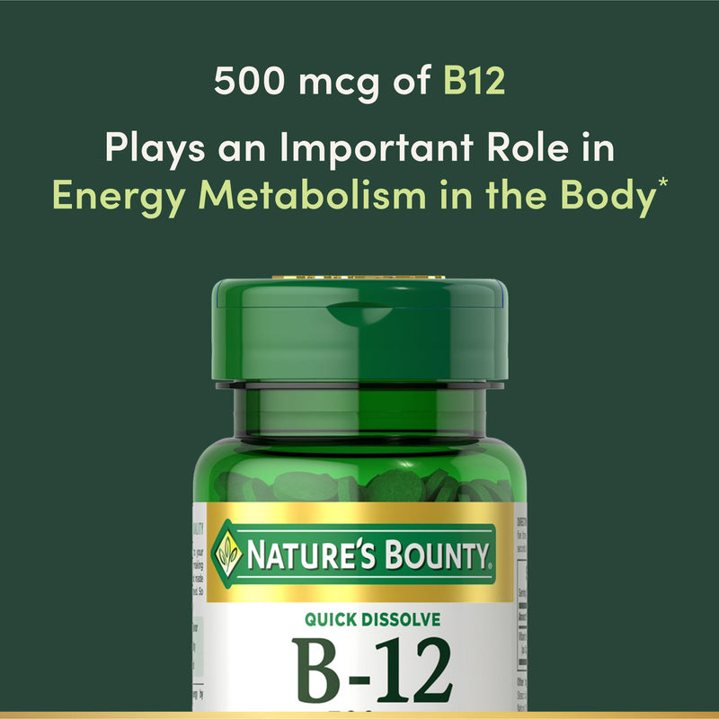 Nature's Bounty Vitamin B12, Supports Energy Metabolism and Nervous System Health, 500mcg, 100 Quick Dissolve Tablets (Pack of 3) 100 Count (Pack of 3)