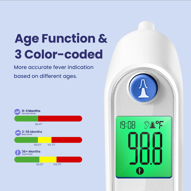 [Australia] - Ear Thermometer, Digital Ear Thermometer for Kids and Adults, High Accuracy Baby Thermometer with 1s Result, 3-Color Coded and 30 Memory Recall, Easy to Use, with 21 Disposable Probe Covers White 