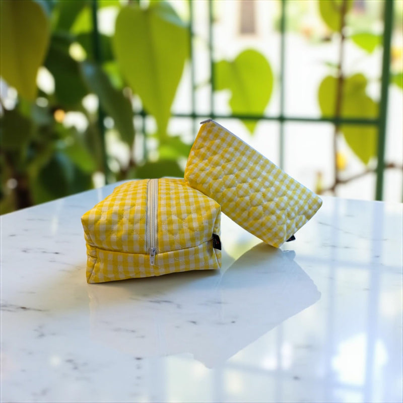 Set of 2 Handmade Quilted Cosmetic Bags – Yellow Gingham Cotton with Zipper, 7x8x3.5” and 9.5x4.5x2.5”