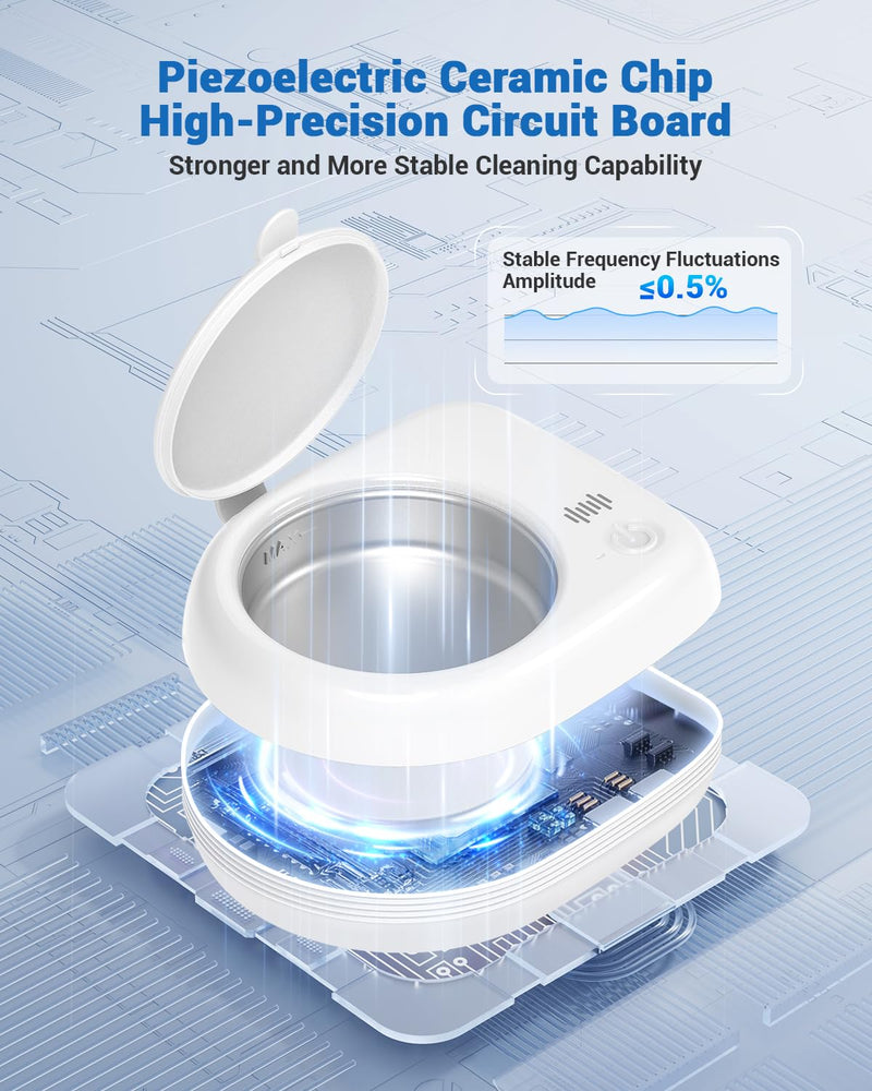 [Australia] - Rechargeable Ultrasonic Retainer Cleaner Machine | 50kHz 1.9 inch Ultra-Thin Portable | Night Guard Aligners Jewelry |6pcs Cleaner Tablets Included | Quick & Deep Clean Modes | Oral Dental Care White 