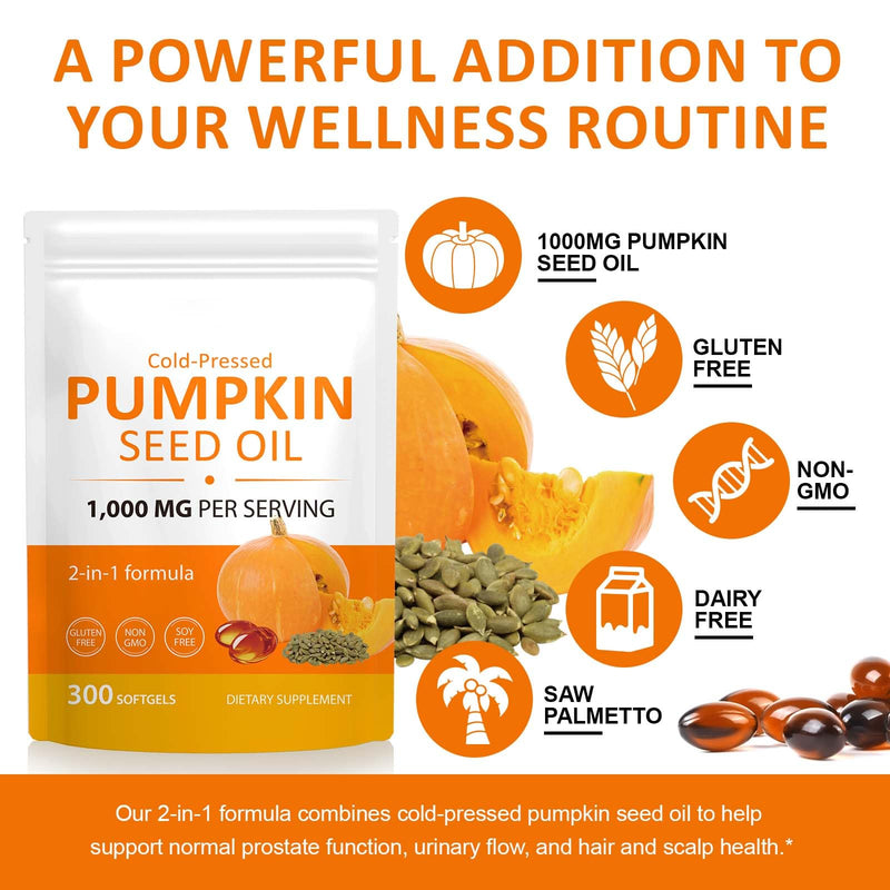 Pumpkin Seed Oil Capsules - 1000mg per Softgels, Cold Pressed & Efficient Absorption, Essential Fatty Acids & Phytosterols & Supports Hair Growth, Urinary, 300 Softgels 2bag. 300 count (Pack of 2)