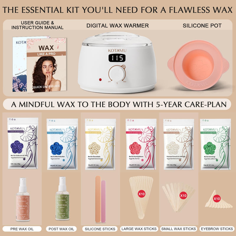 [Australia] - KOTAMU Waxing Set Professional, Digital Wax Warmer for Hot Wax Hair Removal, 600g Wax, 44 Accessories, Silicone Bowl and Rod, Use in the Home Salon for Women and Men Plus Wax Kit 100g (Pack of 6) 