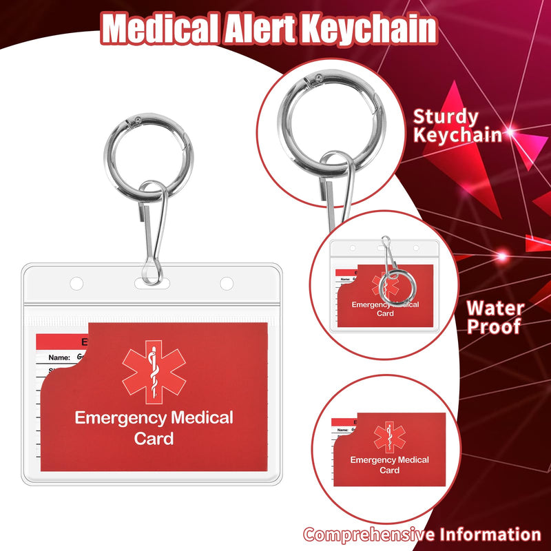 [Australia] - 4 Pack Medical Alert Keychain Emergency Medical Information Id Card Emergency Contact Card Wallet with Resealable Badge Holder for Caretakers (Red Keychain) Red Keychain 