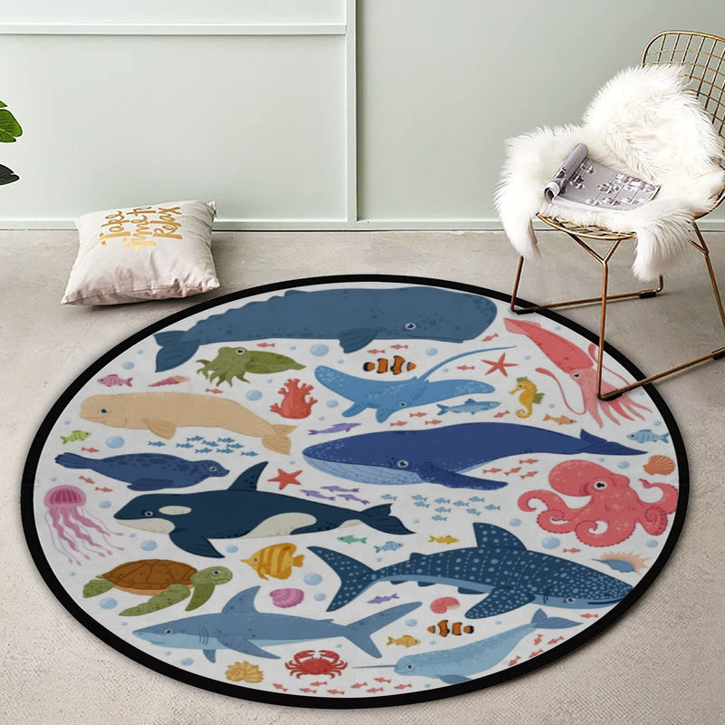 [Australia] - Vantaso Kids Round Nursery Area Rug Ocean Animals Whale Dolphin Shark 3 Ft Non Skid for Children's Bedroom Playing Room 36'' Diameter 