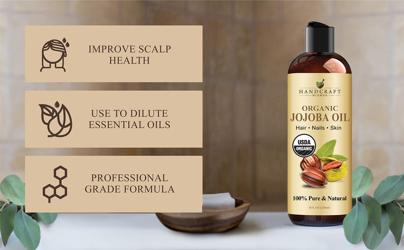 Handcraft Blends USDA Organic Jojoba Oil - 8 Fl Oz - 100% Pure and Natural - Premium Grade Oil for Face, Body and Hair - Anti-Aging Oil - Cold-Pressed and Hexane-Free 8 Fl Oz (Pack of 1)