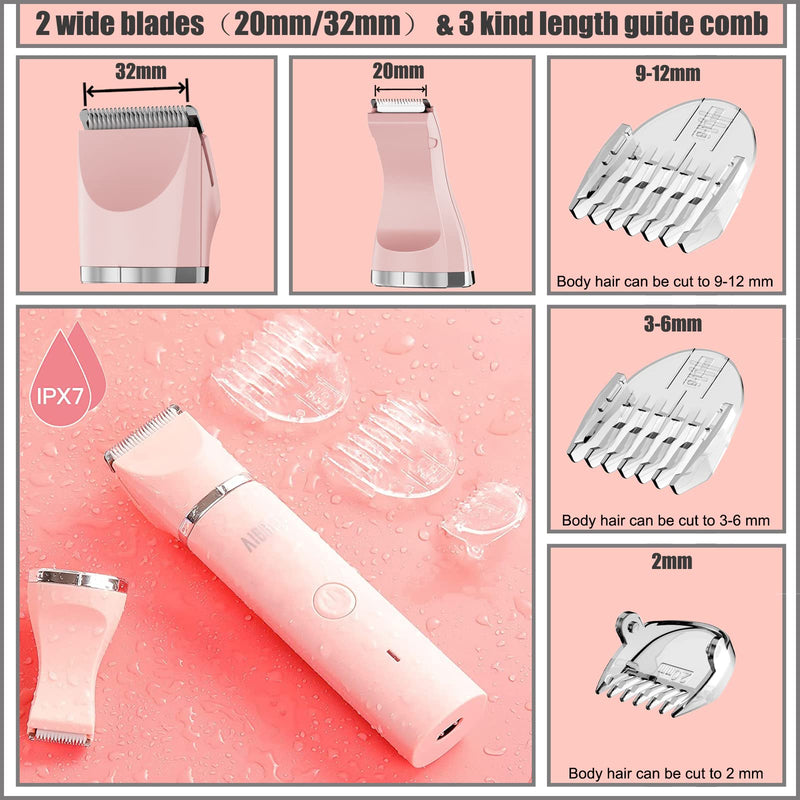 Electric Bikini Trimmer for Women - 2 in 1 Electric Lady Pubic Hair Groomer Painless Hair Removal Razor Body Shaver, Portable Ladies Shaver with 2 Trimmer Heads, IPX7 Waterproof Pink-2