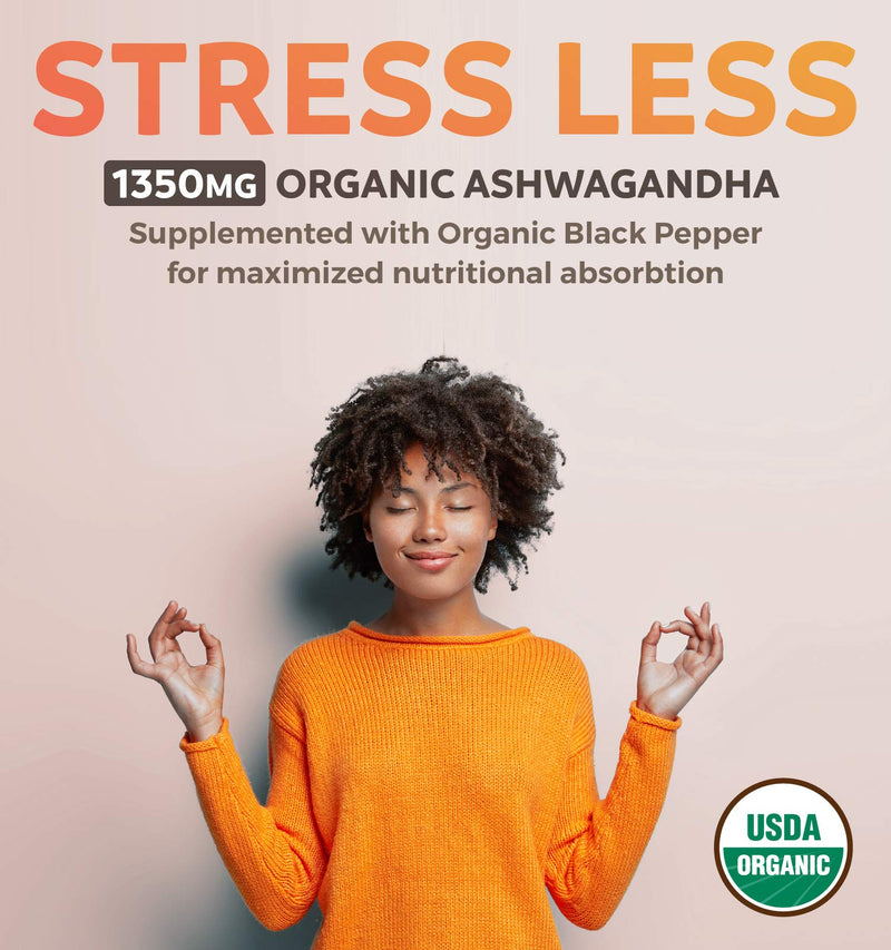 [Australia] - USDA Organic Ashwagandha (120 Vegetarian Tablets) 1350mg Ashwaganda Root Powder Per Serve with Black Pepper - Natural Adrenal Support, Cortisol & Thyroid Support, Immune Support (No Pills or Capsules) 120 Count (Pack of 1) 