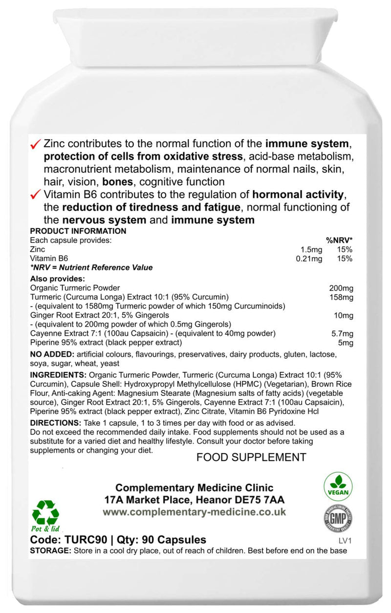Organic Turmeric Complex High Strength – Curcumin with Ginger, Black Pepper (Piperine), Cayenne, Zinc & Vitamin B6 – Joint & Immune Support – 90 Vegan Capsules