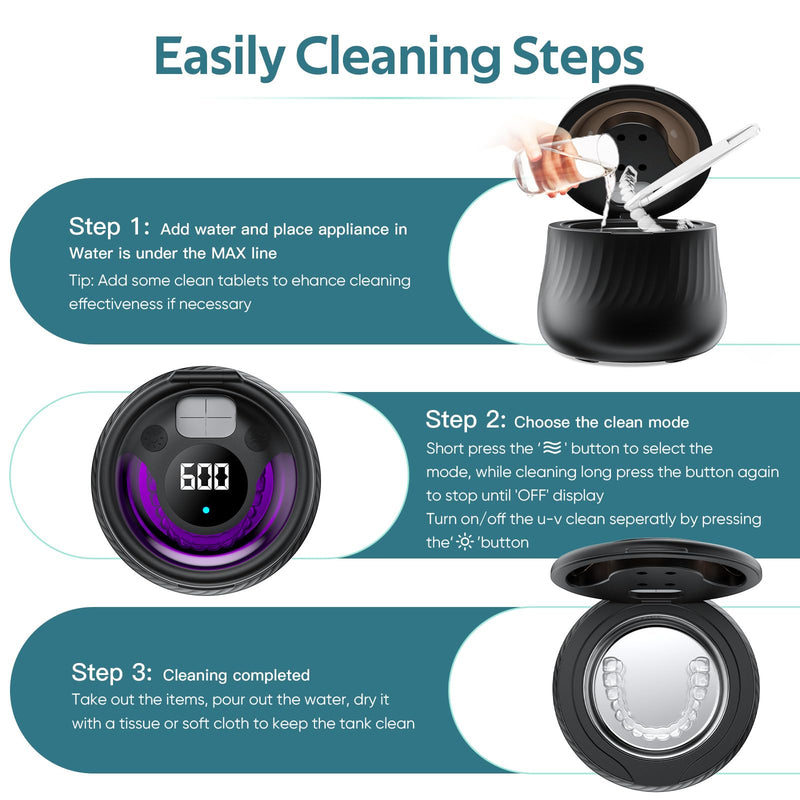 [Australia] - Ultrasonic Retainer Cleaner Machine- 45kHz Denture Cleaner, 200ML Dental Cleaning Pod for Aligners, Mouth Night Guards, Toothbrush Heads & Jewelry, 4 Cleaning Modes, Digital Timer, Black 